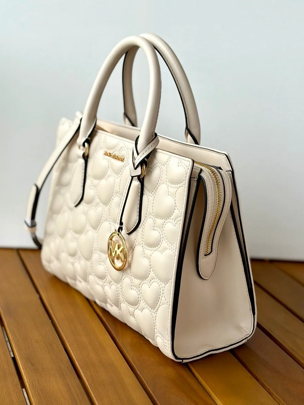 Michael Kors Cream Quilted Heart Satchel with Gold MK Charm